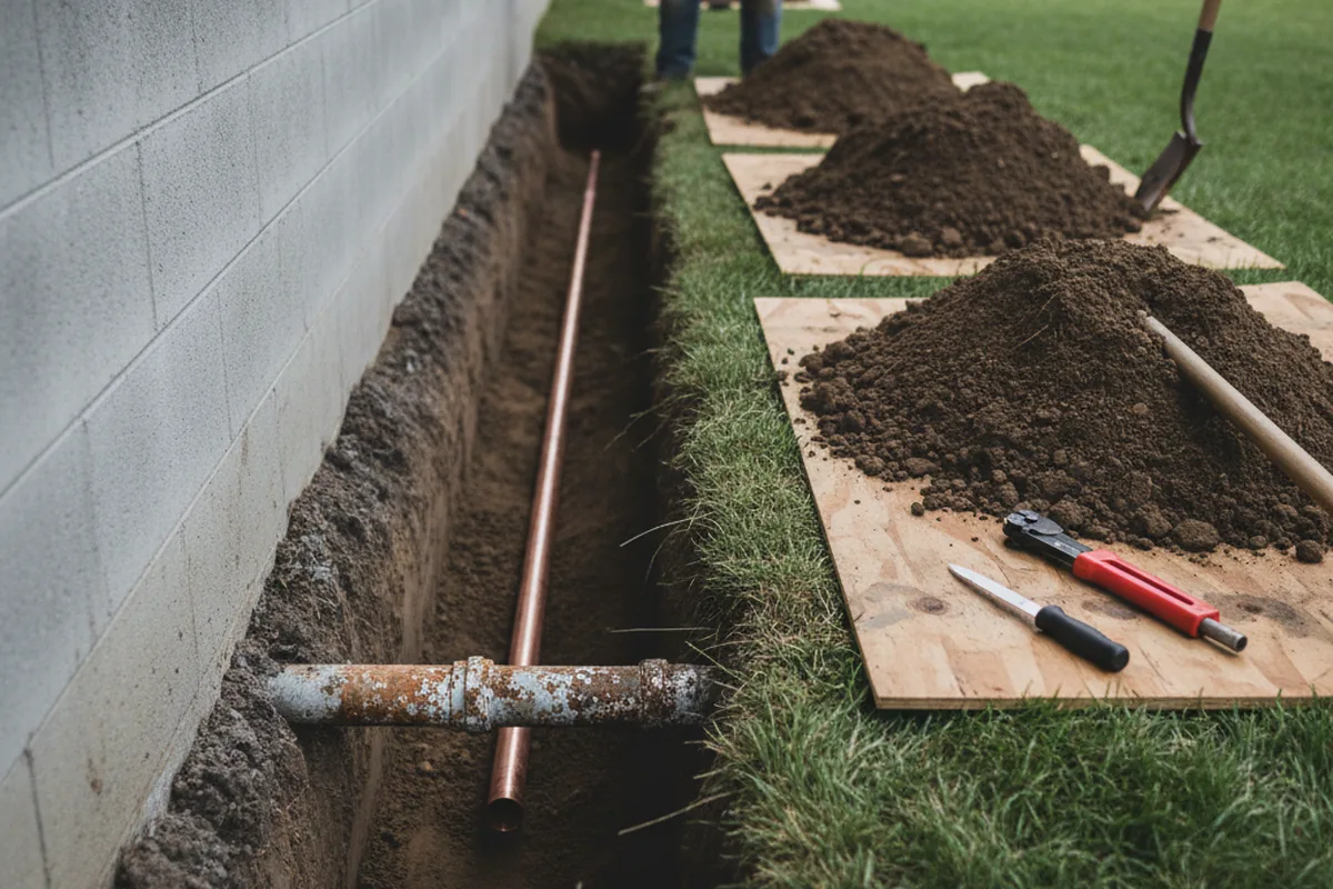 Excavated water line trench during Sewer Line Repair in Vista
